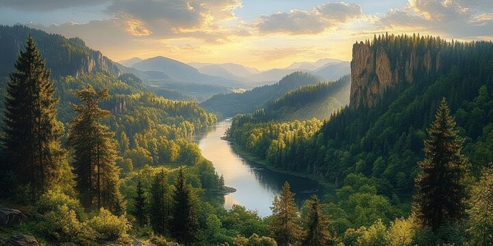 Sunlit river winding through dense evergreen forest between rocky cliffs and distant blue mountains at golden hour, evoking serene and majestic calm - Powered by Adobe