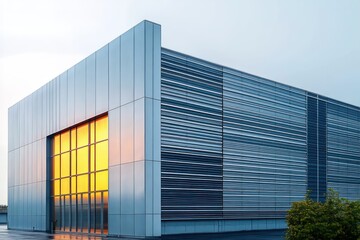 modern steel-clad industrial building with large glowing window, corrugated metal facade, small shrubs and warm sunset reflection, calm minimalist exterior
