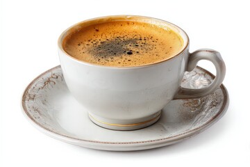 Close Up Of A Ceramic Coffee Cup And Saucer Isolated On White Background
