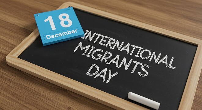 International Migrants Day observed on December 18 with a blackboard and calendar Keywords: International Migrants Day, December 18, holiday