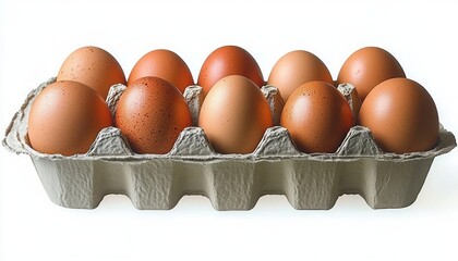 Ten brown eggs nestled in a gray pulp carton on a white background conveying calm simplicity and wholesome freshness