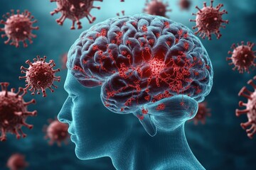 Translucent human head with glowing brain and red infection hotspots surrounded by spiky viral particles, conveying alarm and medical concern