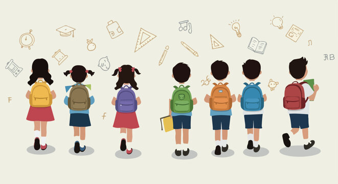 Pixel Art Children With Backpacks Walking Together Vector Illustration