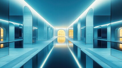 serene futuristic interior corridor with symmetrical arches and a long reflecting pool bathed in cool blue neon light, tranquil and otherworldly