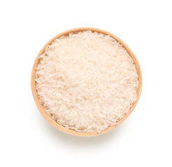 Wooden bowl with raw rice isolated on white background, top view