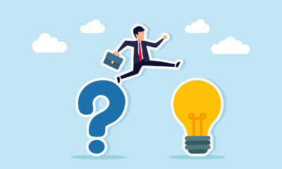 Businessman jumping from a question mark to a lightbulb illustrating finding answers and business innovation solutions