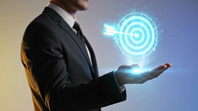 Businessman holding a glowing target, symbolizing goals and success in business.