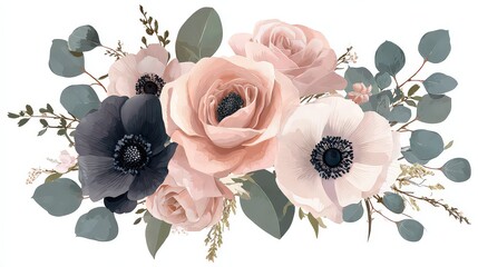 Elegant Floral Arrangement with Blush Roses Navy Anemones and Green Eucalyptus Sprigs Isolated on White Background in a Delicate and Romantic Style