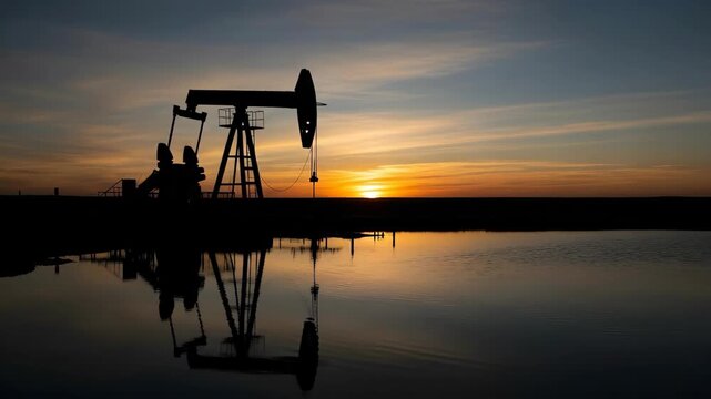 Silhouette of oil pumpjacks at sunset reflecting in water with moving cloud patterns
