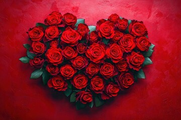 Heart-shaped bouquet of red roses with green leaves on a textured red background conveying romance and passion