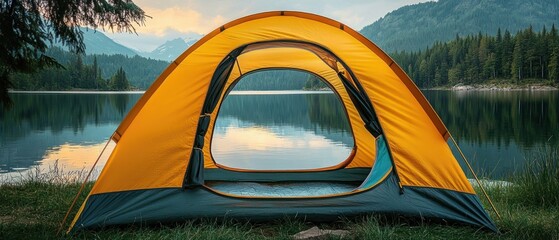 Bright yellow tent pitched on a grassy lakeshore, open to a calm reflective mountain lake at sunset, framed by pine forest and distant peaks, evoking peaceful solitude and serenity