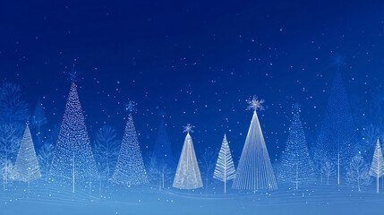 Abstract winter forest with glowing Christmas trees on blue snowy night background
