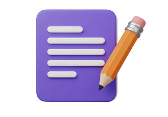 3d rendering of a purple document with lines and a pencil isolated on transparent background