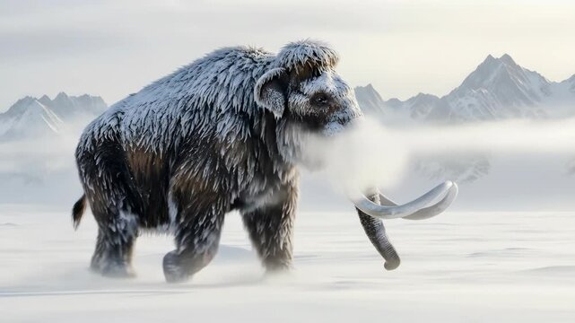 Woolly mammoth traversing ice age landscape with snowy mountains and misty horizon