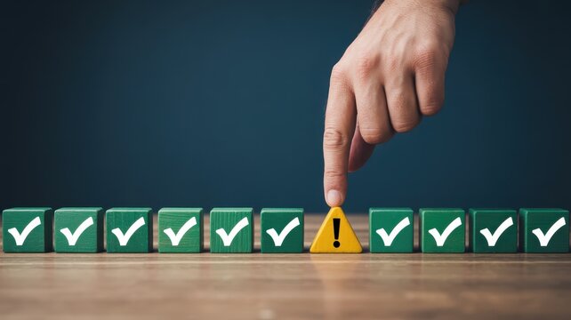 Human finger touches a solitary warning block interrupting a sequence of approved checklist items