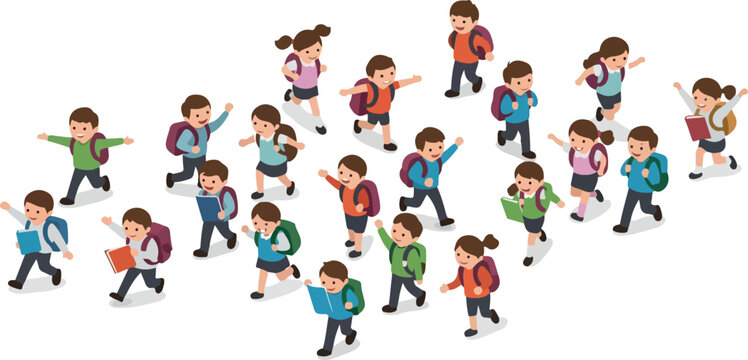 Pixelated Children Running With Backpacks To School In Cartoon Style
