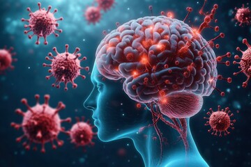 translucent human head with exposed inflamed brain surrounded by floating virus particles, glowing neural hotspots conveying alarm and threat