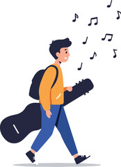 Young Man Walks With Guitar Case Orange Hoodie Blue Pants Musical Notes