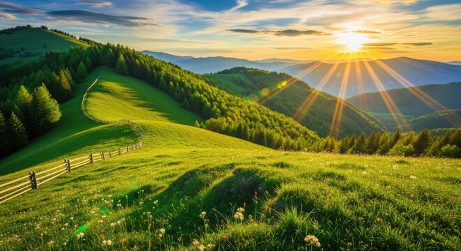 Vibrant sunset over rolling green mountain hills covered in lush grass and dense forest, with sun rays beaming brightly across the horizon and a rustic wooden fence winding along the slope