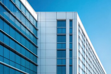 Obraz premium modern office building corner with blue glass windows and white panel facade under a clear sky, clean geometric lines and calm orderly atmosphere