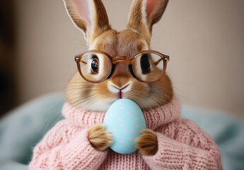 Adorable brown rabbit wearing round glasses and a pink knitted sweater, gently holding a pastel blue polka dot egg with a cozy, curious expression