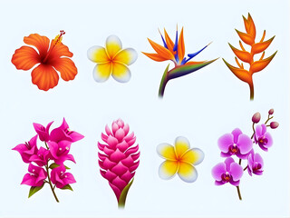 Y2k tropical blossoms icons set – hibiscus, plumeria, heliconia, bougainvillea, orchid. 3D icon set
