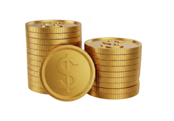 Stacks of gold coins and a single coin isolated on transparent background