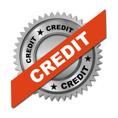 Bold metallic credit badge with diagonal orange ribbon, premium quality seal design, financial label emblem, shiny vector-style certified stamp for business, banking, and payment themes