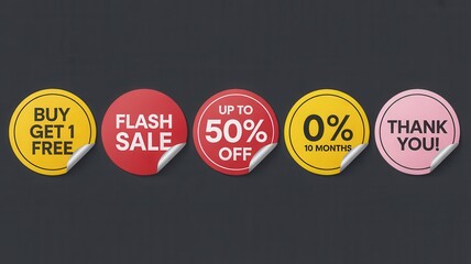 Collection of colorful promotional round stickers displaying various limited time offer details