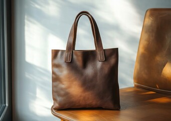brown leather tote bag on wooden chair by sunlit window with warm cozy minimalist mood
