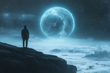 Silhouette of Man Standing on Rocky Shore Facing Large Bright Moon Over Ocean Under Starry Sky