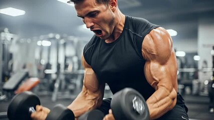 Intense male bodybuilder performing dumbbell workout in gym environment