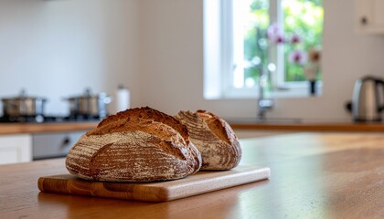 Golden-crusted, freshly baked artisan bread on a wooden board, showcasing the beauty of homemade baking in a contemporary kitchen environment, ready to be sliced and enjoyed