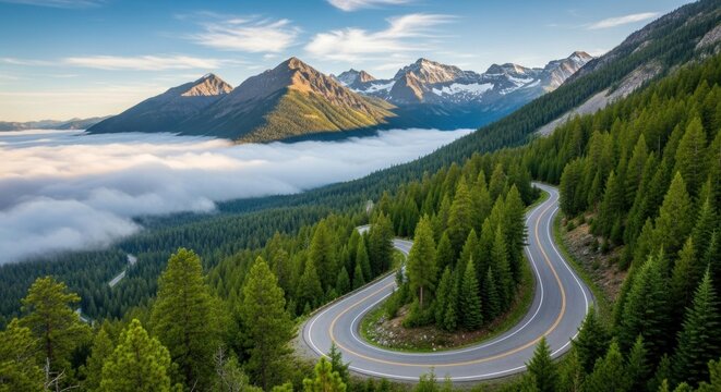 A winding road through a forest with mountains in the background.