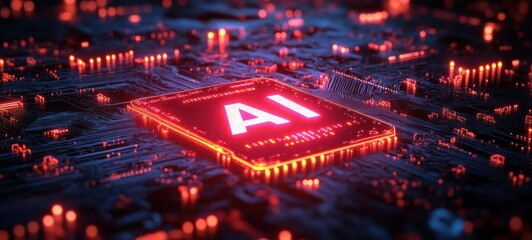 Glowing artificial intelligence microchip on a dark circuit board with neon red traces and tiny components, emitting an intense futuristic energy