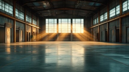 Empty industrial warehouse interior with large grid windows, warm sunlight streaming through panes onto a polished concrete floor, high steel ceiling and a calm spacious atmosphere