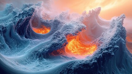 surreal frost-covered ocean waves curling around glowing molten lava cores under a dramatic pastel sky, intense and otherworldly contrast of cold and heat