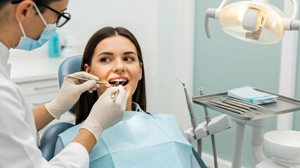 Dental examination process: dentist inspecting and treating patient?s teeth in a modern clinic