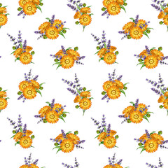 Calendula and lavender flowers seamless pattern watercolor vintage style illustration. Hand drawn fresh calendula garden flowers mixed with lavender stems floral bright element on white background
