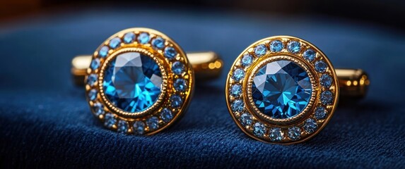 Pair of round gold cufflinks with large faceted blue gemstones surrounded by a halo of smaller blue crystals on deep blue velvet, exuding luxurious elegance