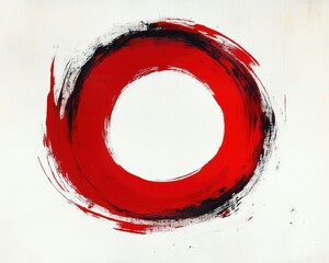 Bold red circular brushstroke with black smudges on a white background conveying dynamic, energetic and raw expressive motion