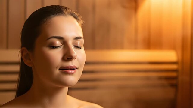 Relaxing sauna experience: woman enjoys soothing steam and tranquil atmosphere in warm wooden environment