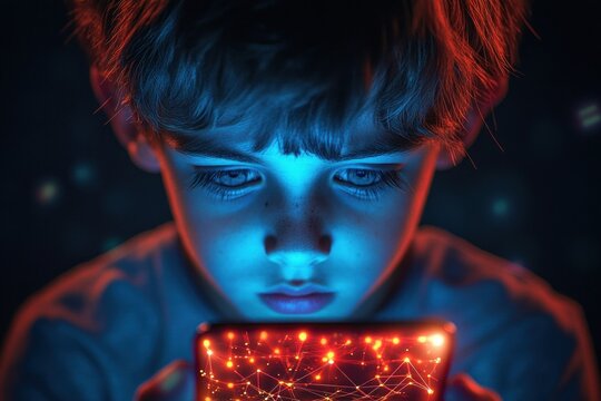 young person with tousled hair holding a glowing digital network of connected nodes and lines above their hands, bathed in red and blue light, evoking curiosity and wonder - Powered by Adobe