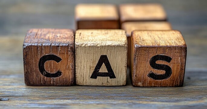 close-up of three rustic wooden letter blocks spelling cas on a weathered wooden table with a warm nostalgic cozy mood