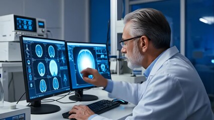 Scientist analyzing brain scans on dual monitors in a modern laboratory setting - Powered by Adobe