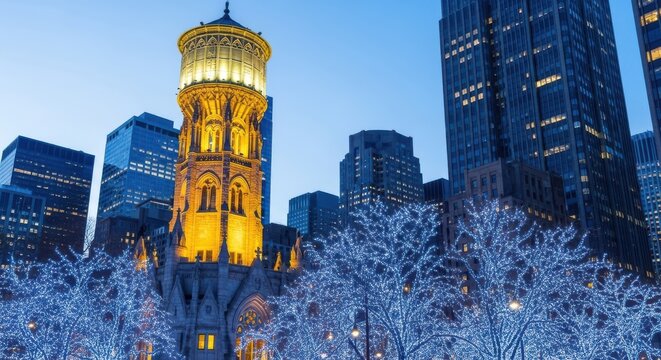 Historic chicago water tower illuminated at dusk surrounded by modern skyscraper architecture and trees decorated with bright blue holiday lights during winter evening