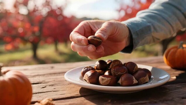 Hand picking chestnuts in autumn orchard