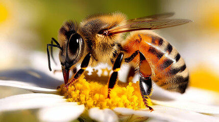 Close-up of a fuzzy bee collecting pollen from a bright yellow flower with white petals.