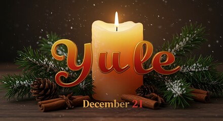 Yule December 21 Lit Candle Pine Cones Cinnamon Sticks and Evergreen Branches flame