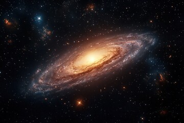 bright spiral galaxy with glowing golden core and swirling dusty arms surrounded by countless stars and faint nebulae, evoking majestic cosmic wonder